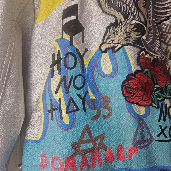 Azalea Wang Phoenix Moto Jacket Studded Graffiti Painted Cropped  Silver, Small - Picture 12 of 15